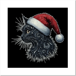 Retro cosmic christmas artistic black cat Posters and Art